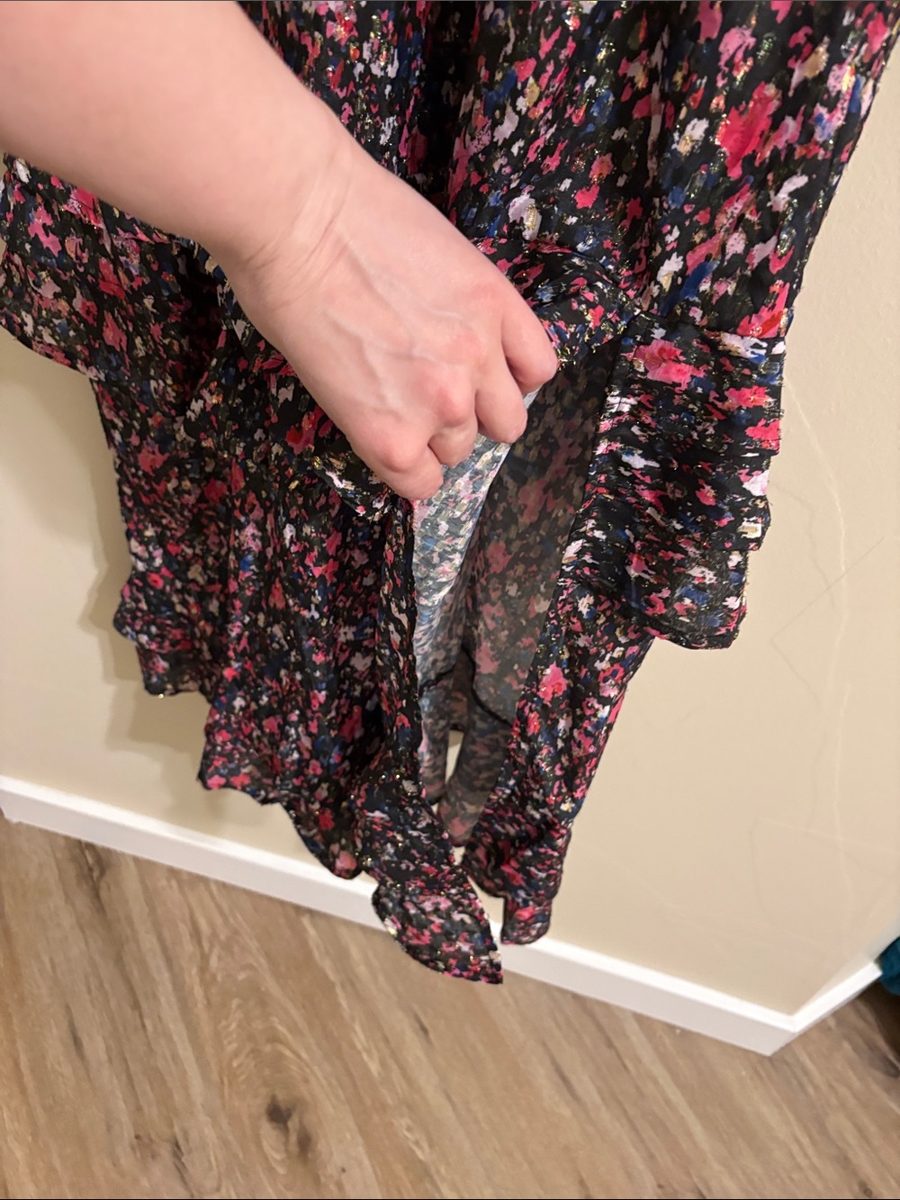 Long-Sleeve Floral Midi Dress with Smocked Waist in Pink on Black - Picture 2 of 5